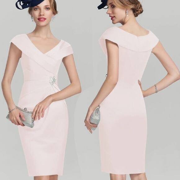 NWT JJ's House Pink Satin Cocktail Dress Size 10 V-neck Pleated w/ Brooch Retro - Picture 4 of 12